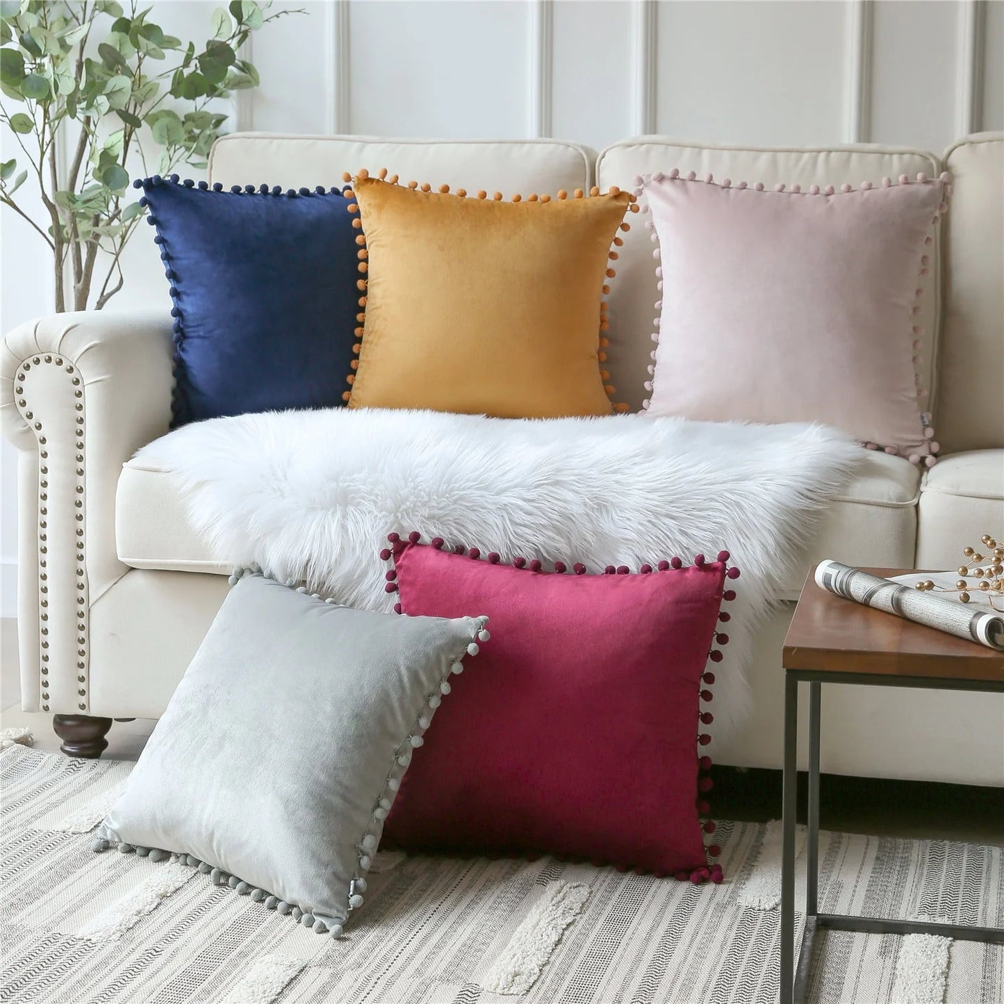 Phantoscope Pom Pom Velvet Series Decorative Throw Pillow, 18" x 18", Light Pink, 2 Pack