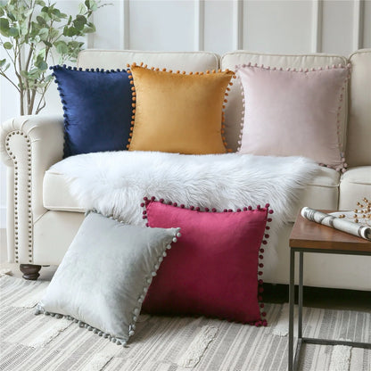 Phantoscope Pom Pom Velvet Series Decorative Throw Pillow, 18" x 18", Light Pink, 2 Pack