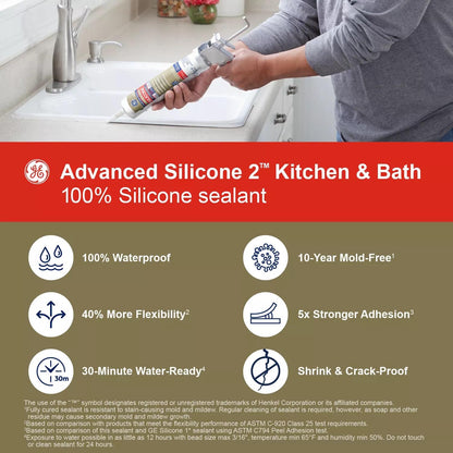 (12 pack) GE Advanced Silicone Kitchen & Bath Sealant. Pack of 1. Clear 10.1 fl oz Cartridge