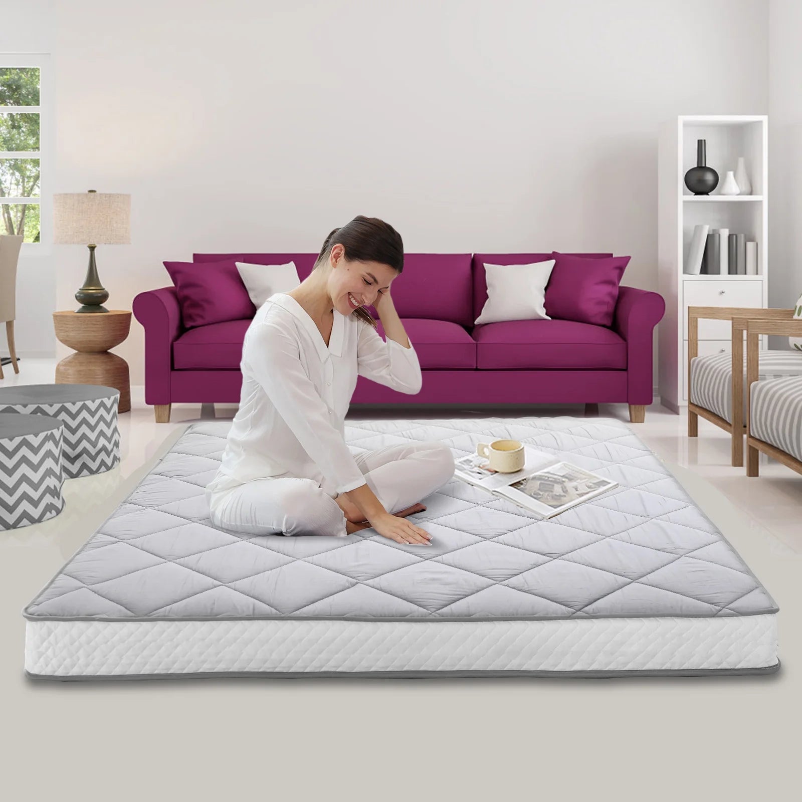 NAIZEA Diamond Patterned Futon Mattress, Extra Thick Japanese Floor Mattress Quilted Mattress Topper, Folding Floor Lounger Guest Bed Padded Sleeping Pad for Touring Car Camping,Twin
