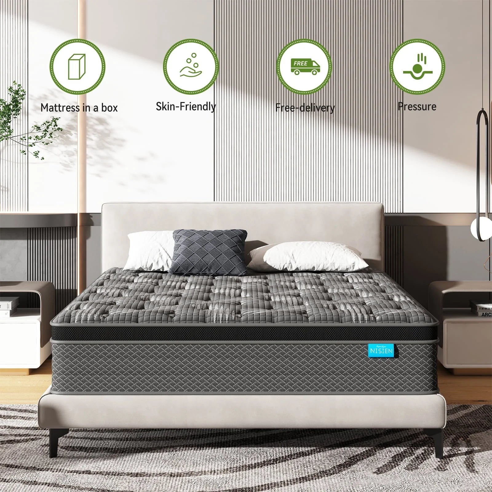 Nisien Black 10 inch Queen Mattress, Cooling Gel Memory Foam Hybrid Mattress in a box, Queen, Medium,Euro Top