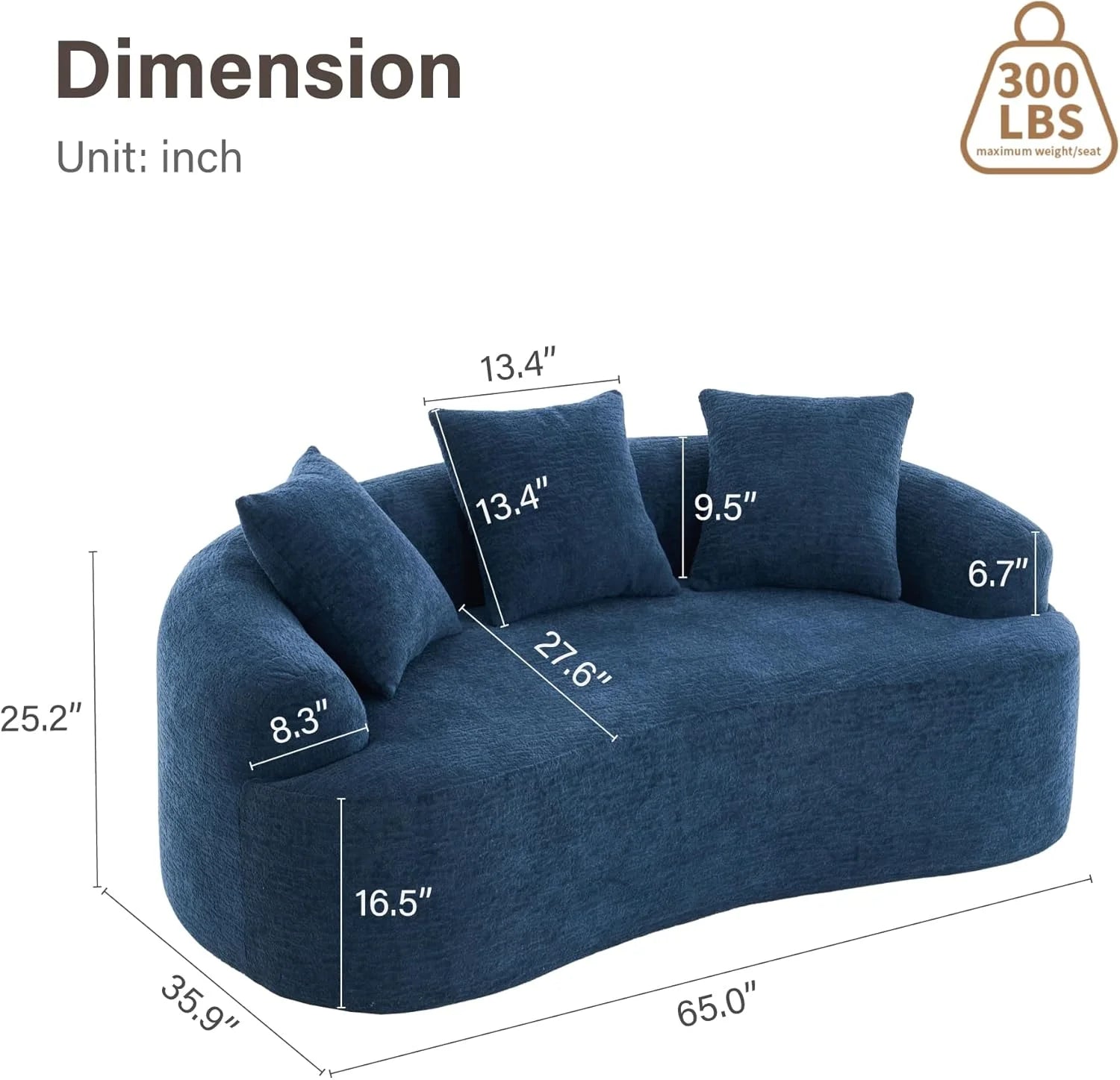 Loveseat Sectional Sofa for Living Room, 65’Modern Luxury Plush Chenille Extra Deep Seat Curved Cloud Floor Couch with 3 Throw Pillows for Small Spaces, No Assembly Needed, Sapphire Blue