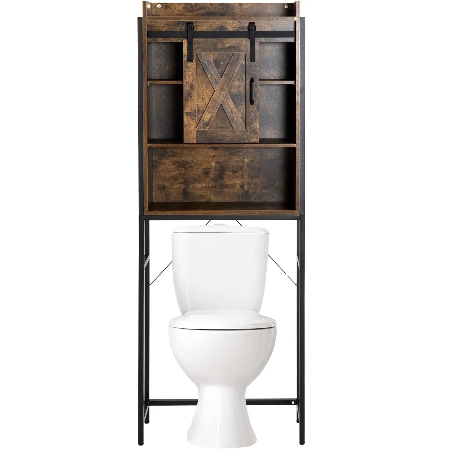 PWFE Farmhouse Over Toilet Bathroom Organizer, Freestanding Over The Toilet Storage Cabinet with Sliding Barn Door, Bathroom Space Saver Toilet Stands(Tan with metal frame)