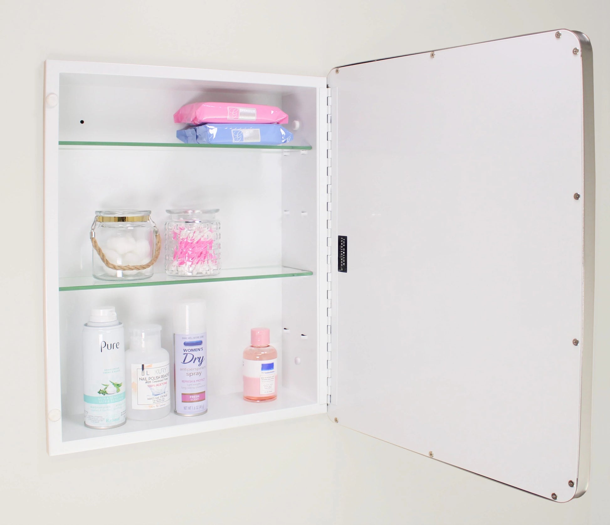 16x20 Austin Farmhouse Metal Framed Rounded Rectangle Recessed Bathroom Medicine Cabinet, Beveled Mirror, 14x18 in-Wall Opening, Powder-coated Steel, Adjustable Glass Shelves, Magnet Close, White