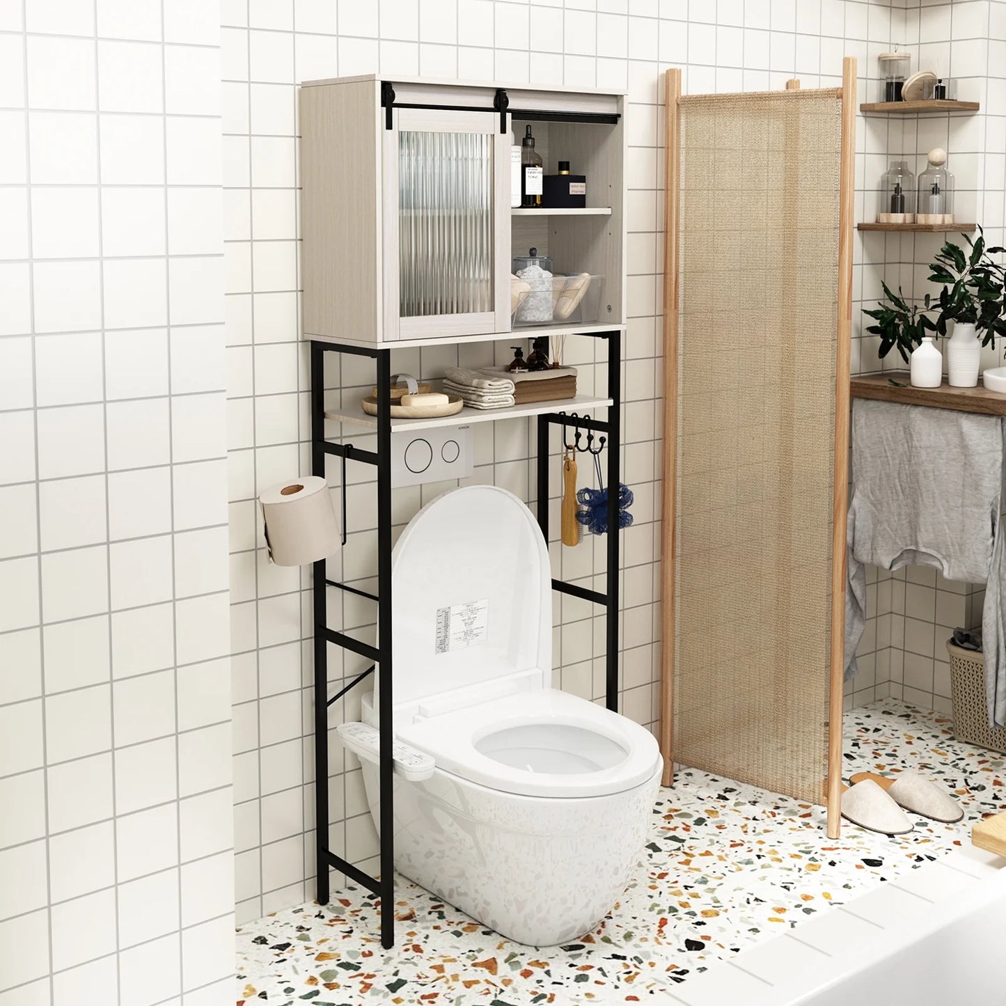 HLR Bathroom Storage Cabinet over Toilet with Sliding Door,Toilet Storage Iron Shelf, Wooden Cabinet
