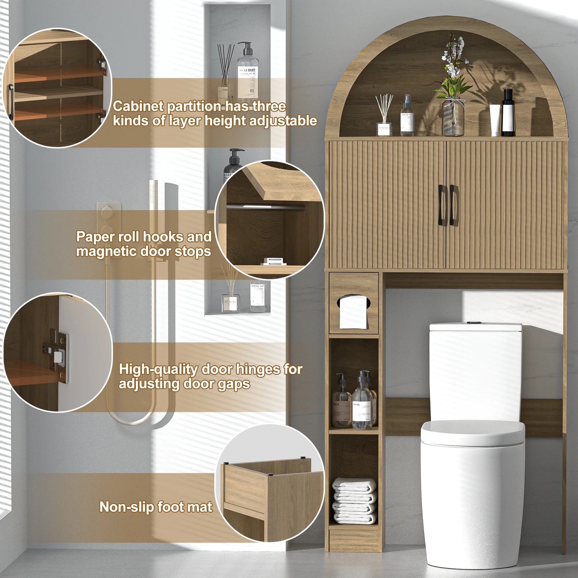 HARIPUL Over The Toilet Storage Cabinet w/Unique Wood Grain & Arc Design, Freestanding Bathroom Shelf Organizer Space Saver w/Doors & Anti-Tip Device, Wood Color