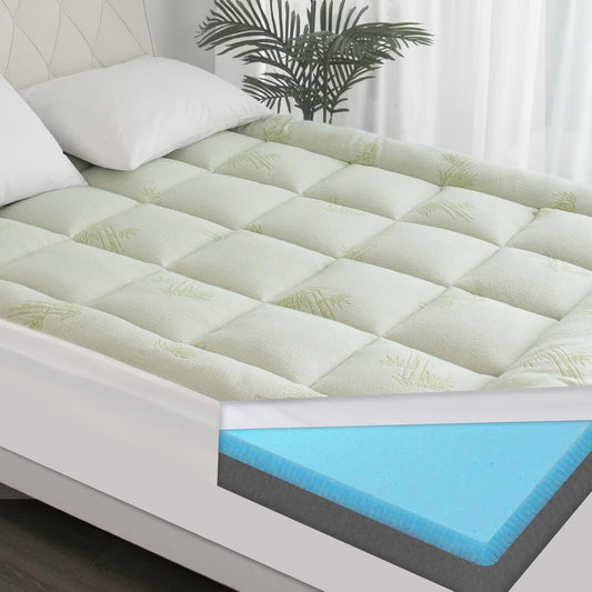 Dual Layer Cooling Mattress Topper Queen Size Memory Foam, 4.5 Inch Pillow Top Mattress Topper (2.7" Extra Thick Soft Plush Mattress Pad &1.8" Gel and Firm Foam for Back Pain)