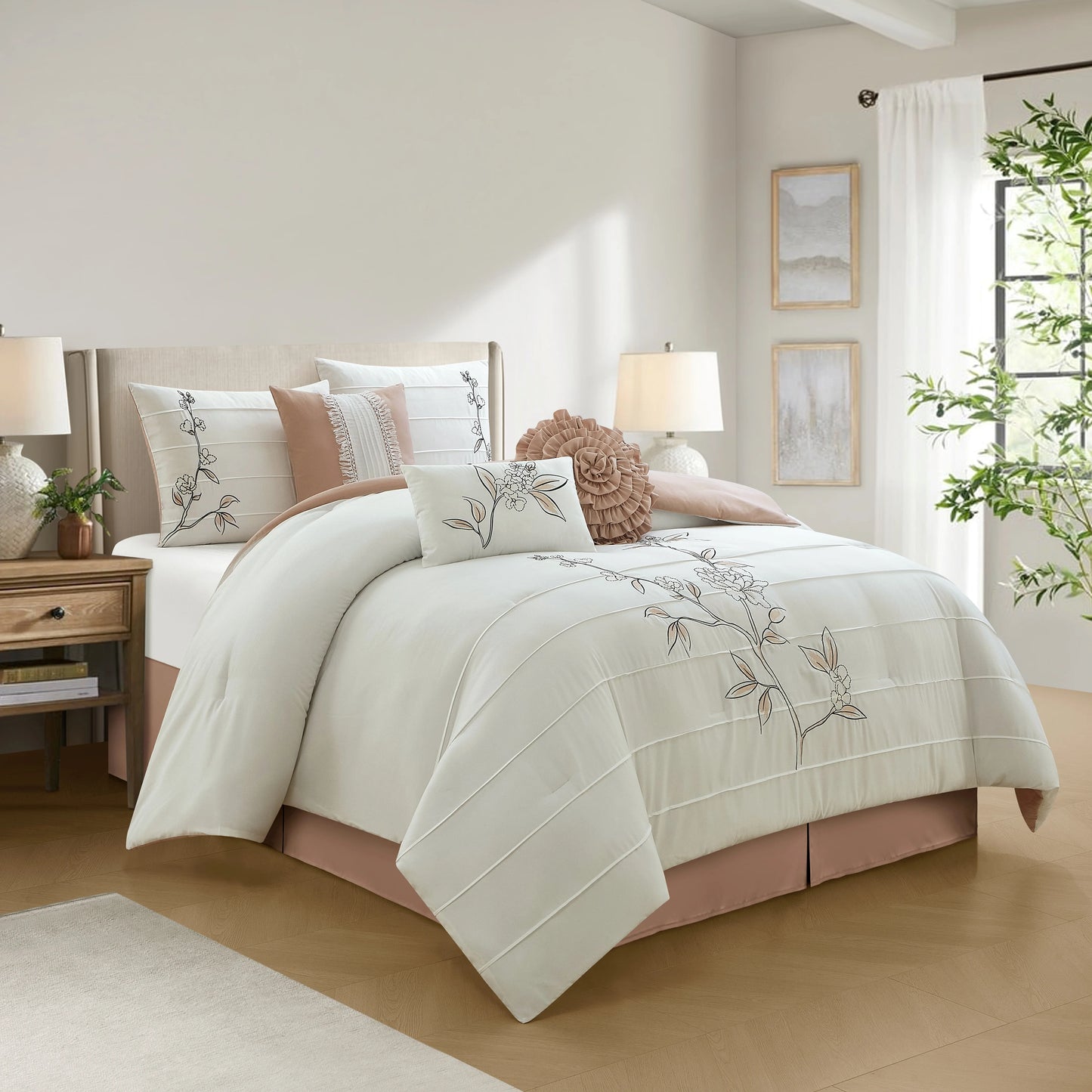 Lanco Blush Floral Queen Comforter Set, 7 Piece, Microfiber Pleating & Embroidery Bedding Sets & Collections