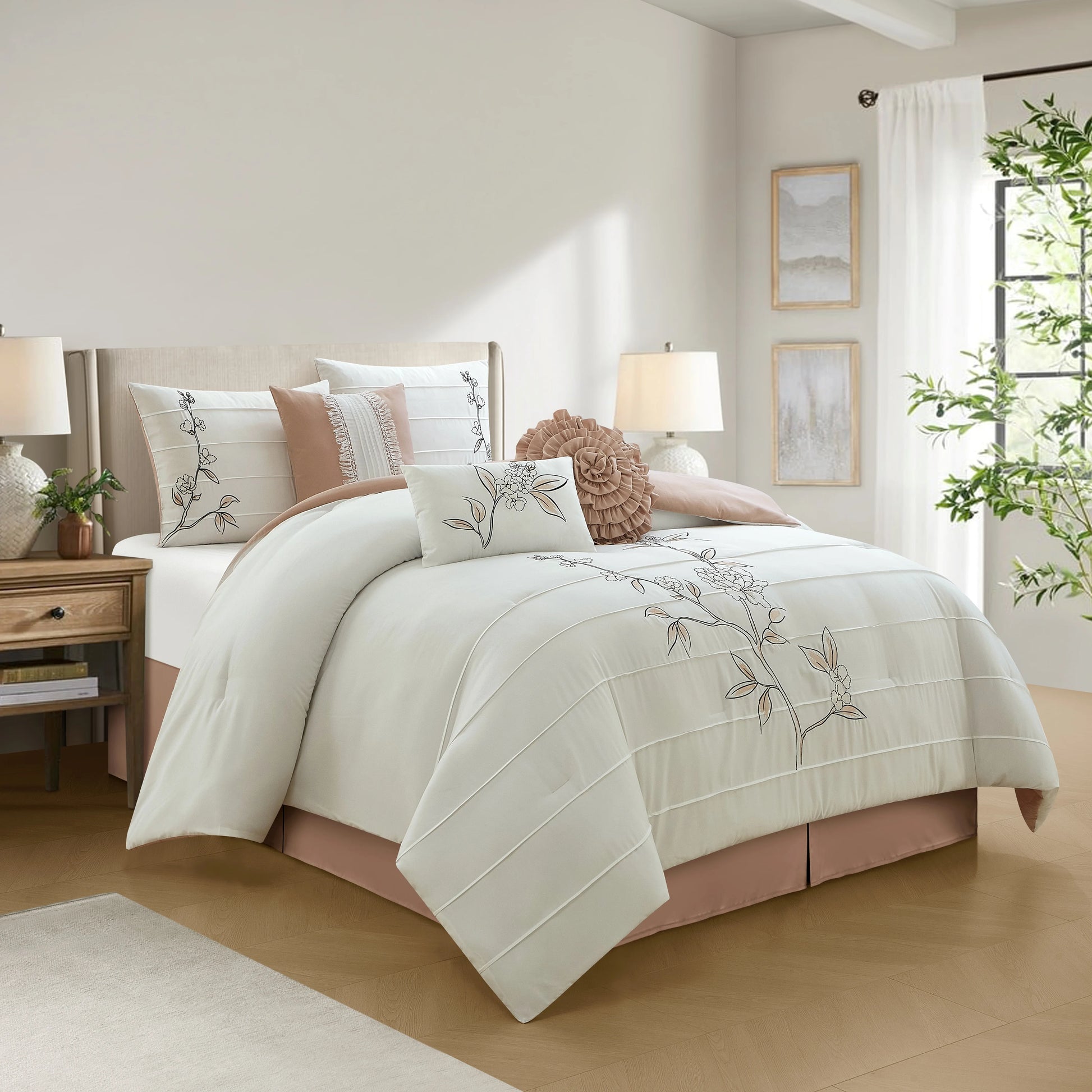 Lanco Blush Floral Queen Comforter Set, 7 Piece, Microfiber Pleating & Embroidery Bedding Sets & Collections