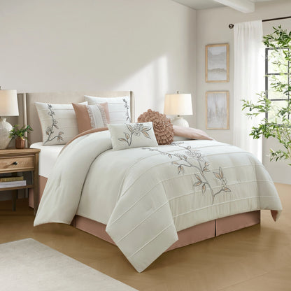 Lanco Blush Floral Queen Comforter Set, 7 Piece, Microfiber Pleating & Embroidery Bedding Sets & Collections