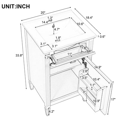 Euroco 20" Bathroom Vanity with Integrated Ceramic Sink, Soft-Close Hinges and Drawer Storage, Solid Wood Legs