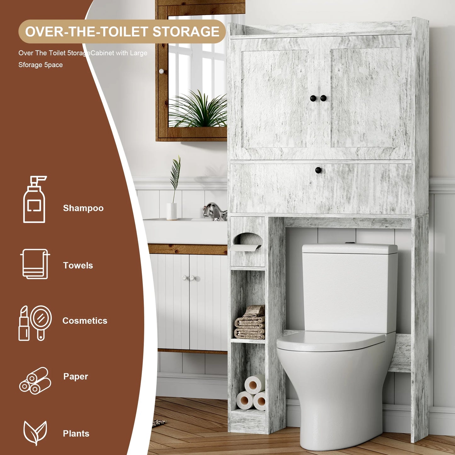 Over The Toilet Storage Cabinet,Bathroom Storage Cabinet with Wooden Doors,Bathroom Organizer Over-The-Toilet Cabinet(Distressed Brown)