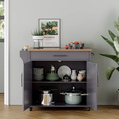 Pingliang Home Rolling Kitchen Storage Carts with Towel Rack and Drawers, Kitchen Island with Wheel,Rubberwood,White, 35"