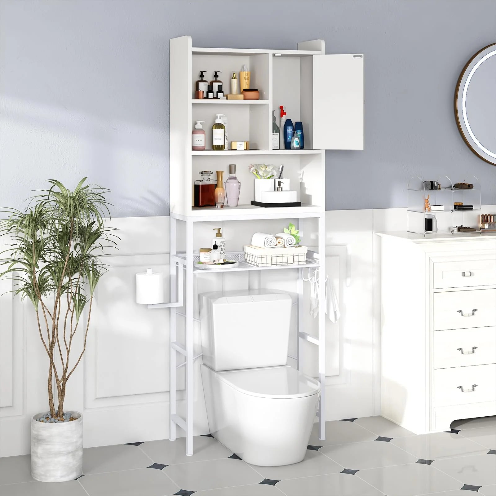 furlinkhm Over The Toilet Storage Cabinet,Bathroom Rack Organizers with Adjustable Shelf,5-Tier Bathroom Space Saver Over Toilet with Door for Bathroom, Restroom, Laundry,22.6"9.4"72.8"