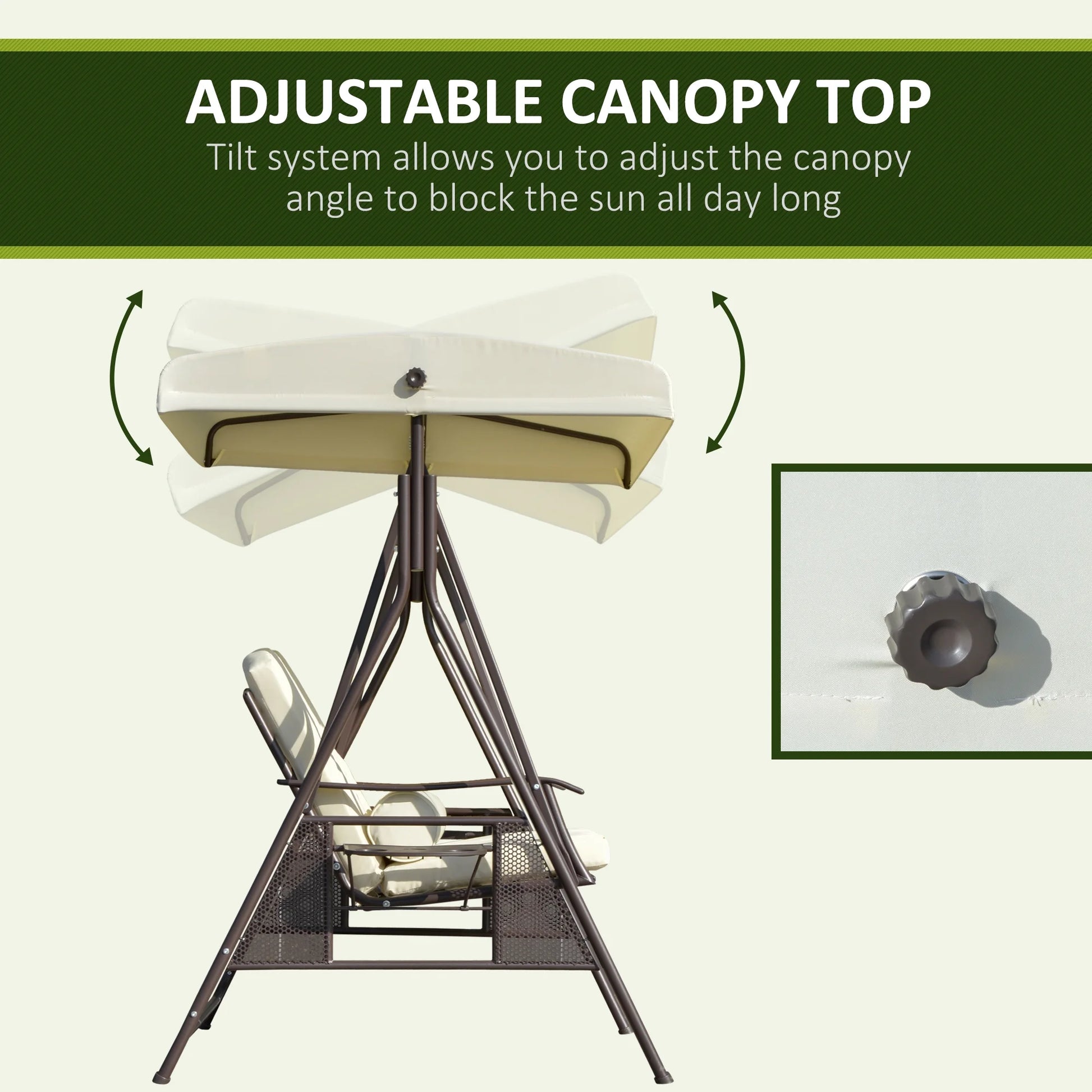 Outsunny 2-Person Patio Swing Bench with Adjustable Shade Canopy, Soft Cushions, Throw Pillows and Tray, Beige.