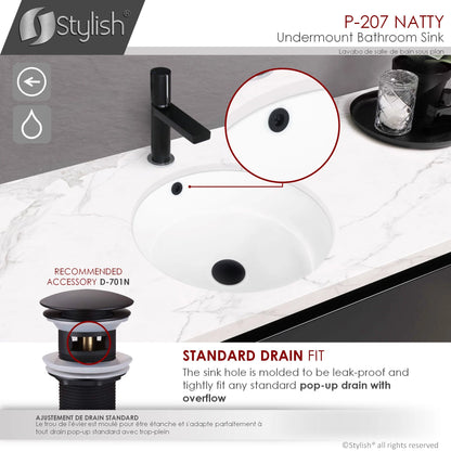 Stylish Undermount 16" Porcelain Round Bathroom Sink with 2 Overflow Finishes P-207