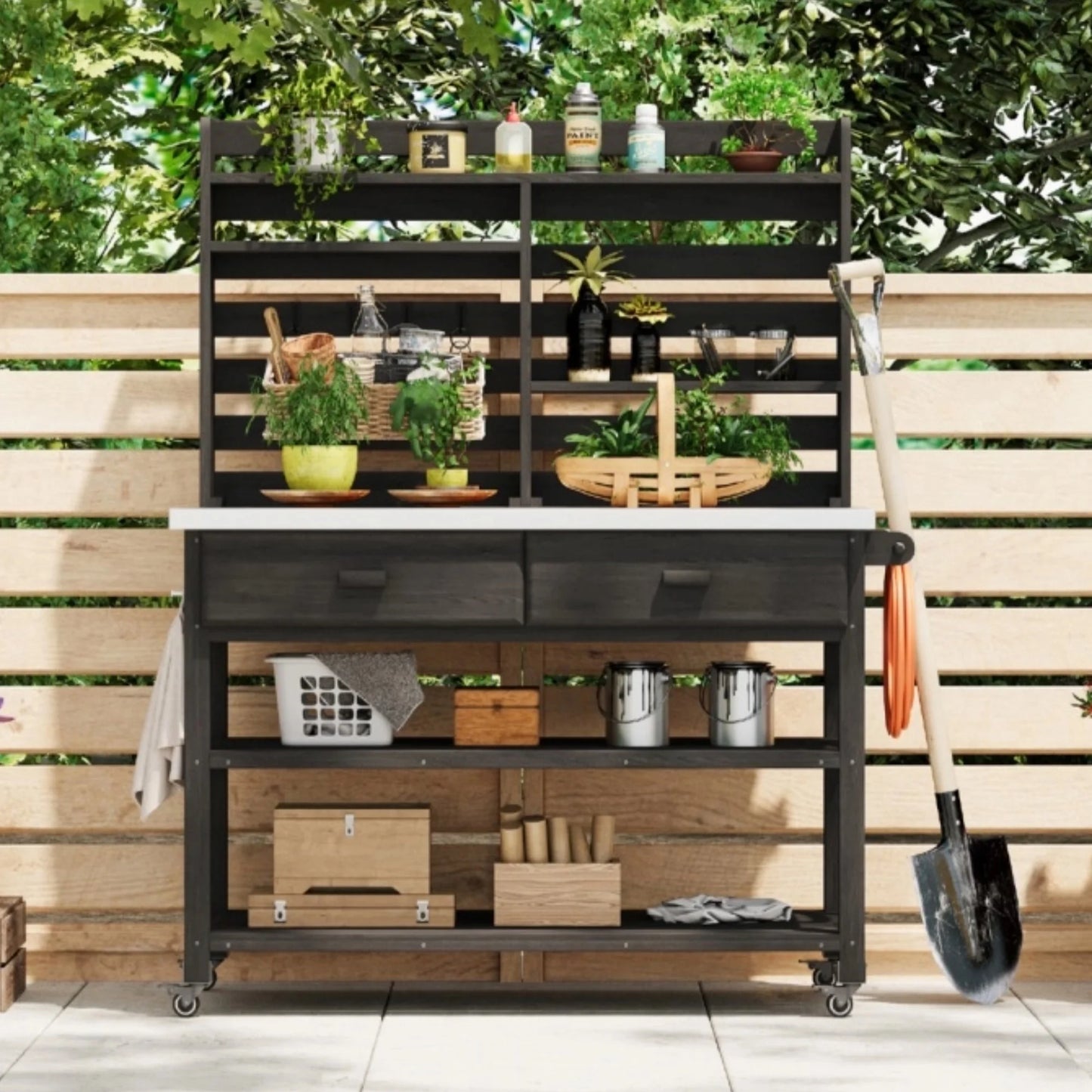 Euroco 64.9"H Outdoor Potting Bench Table with Lockable Wheels, Solid Wood Outdoor Kitchen Island with Upper Hutch, Stainless Steel Top, Towel Rack ,Outdoor Storage for Grilling, Lawn Garden -Black