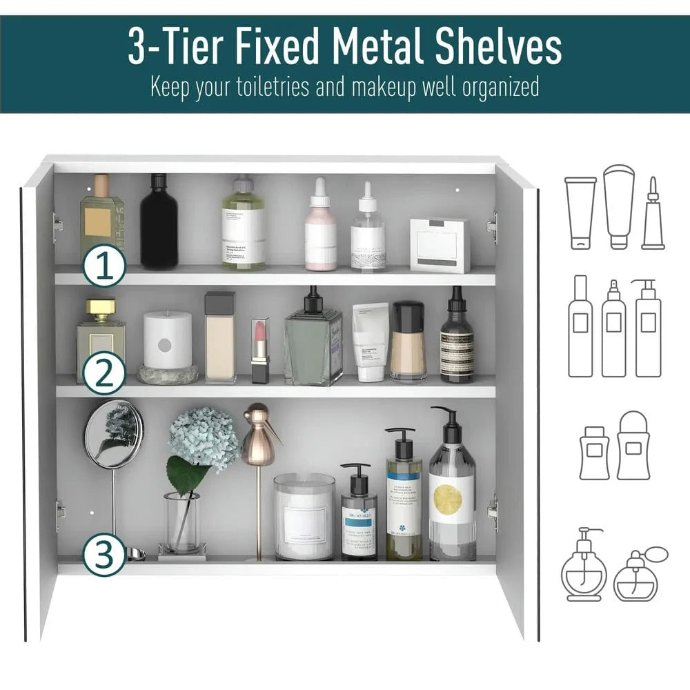 Spaco Bathroom Mirrored Cabinet with Double Doors, 24"x22" Steel Frame Medicine Cabinet, Wall-Mounted Storage Organizer, White