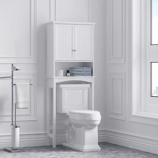 Spirich Home Bathroom Storage over The Toilet, Bathroom Cabinet Organizer with Adjustable Shelf and Double Doors, White Finish