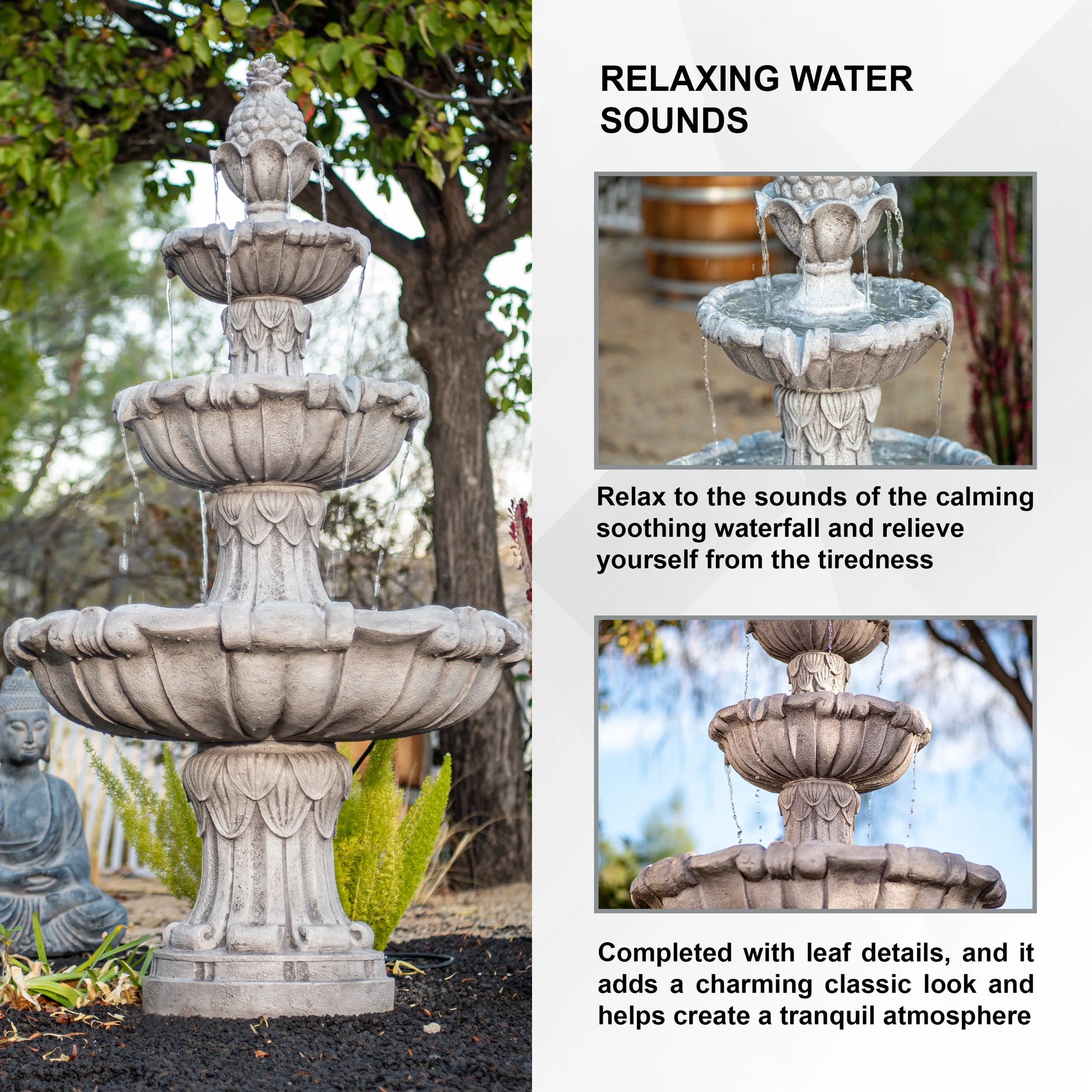 XBrand 58.3" 3-Tier Outdoor Freestanding Water Fountain - Classic Leaf Design, Large Bird Bath with Pump - Ideal for Yard, Lawn and Garden Dcor