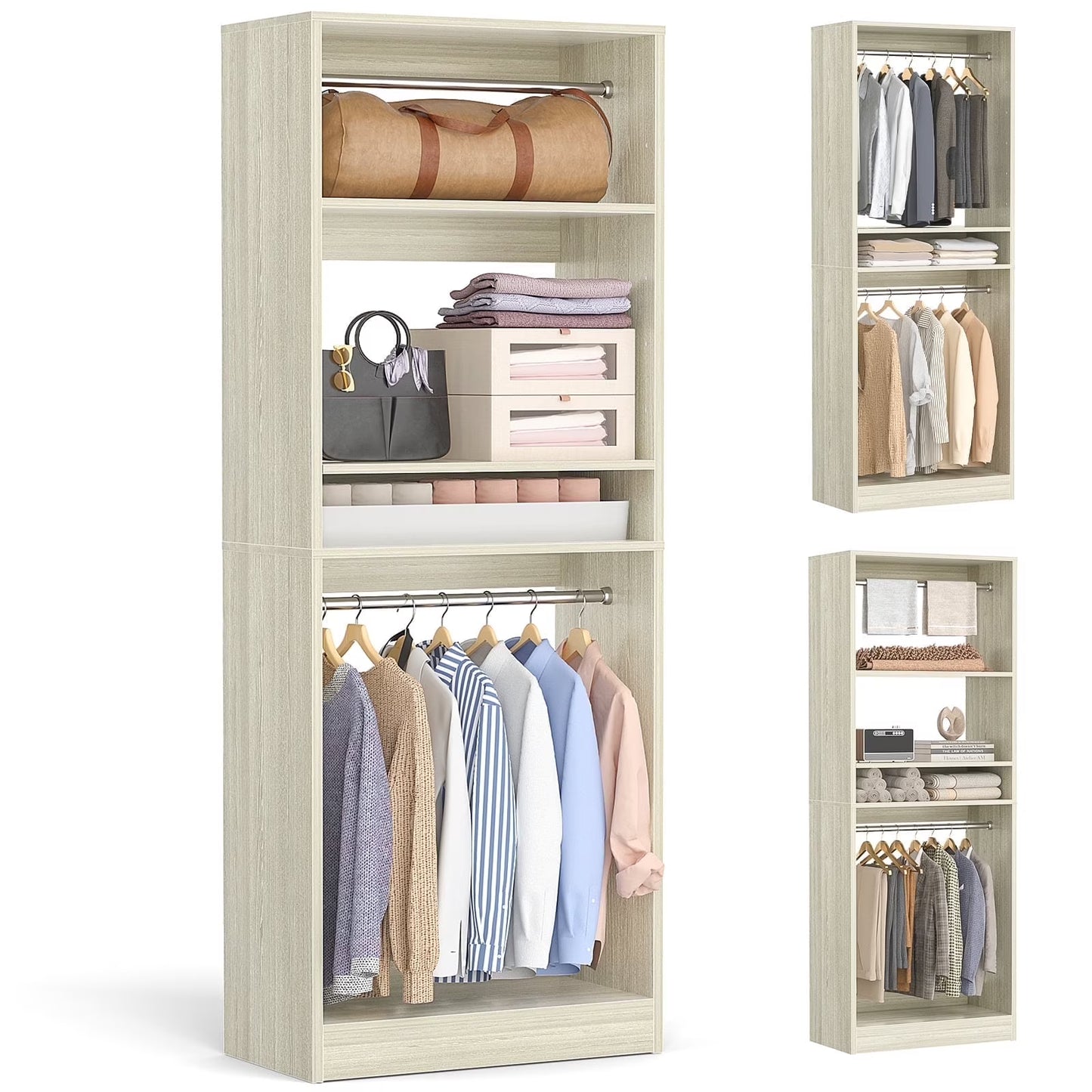 Homieasy 25°?Closet System, Freestanding Closet Organizer Wardrobe with Hanging Rods and Shelves, Adjustable Clothes Garment Rack, Sturdy Walk in Closet Tower, White