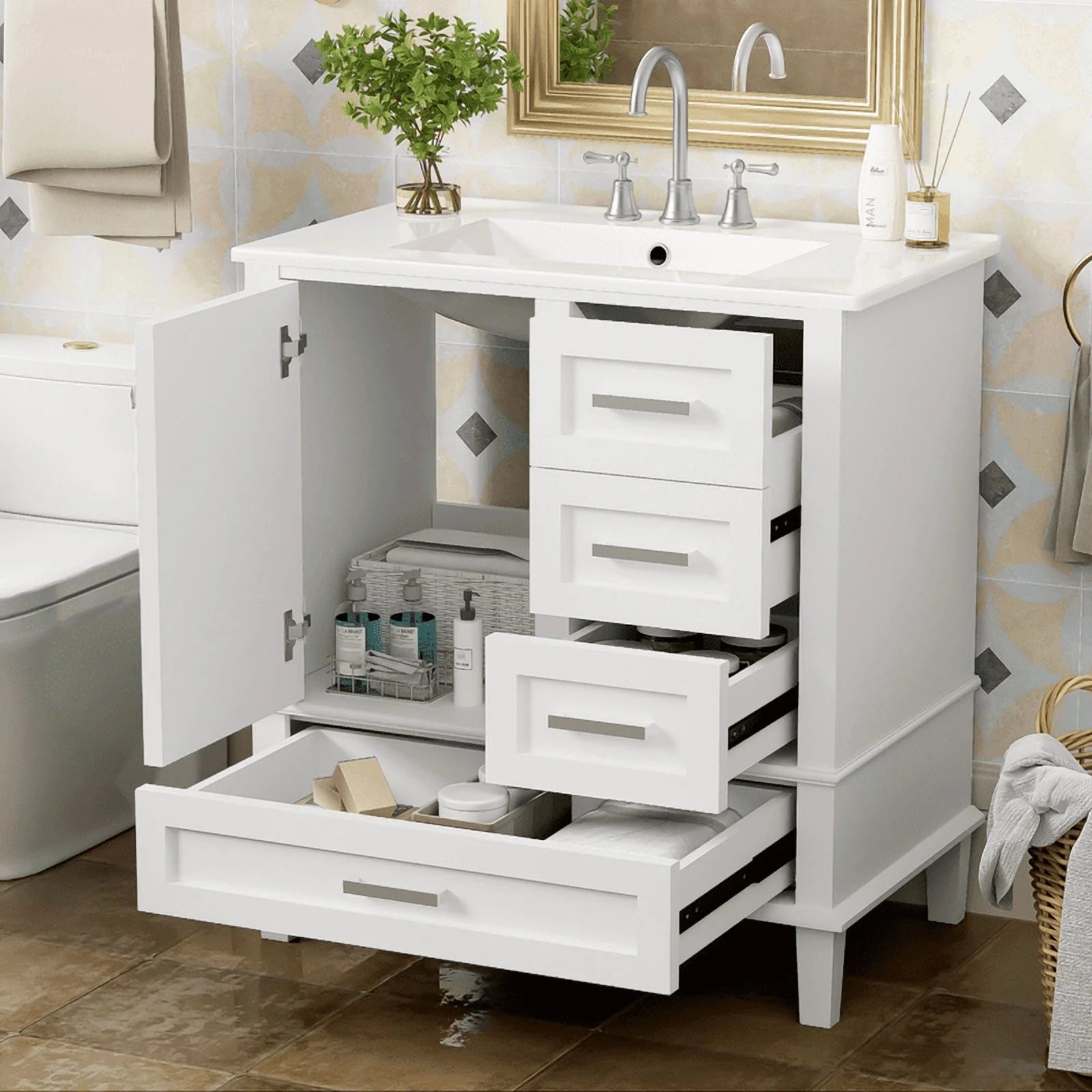 Bellemave 30" Bathroom Vanity with Sink, Cabinet with Sink Combo Set with Top, Bathroom Storage Cabinet with 3 Drawers and 1 Soft Closing Door, 30 Inch Vanity with Sink for Bathroom(White)