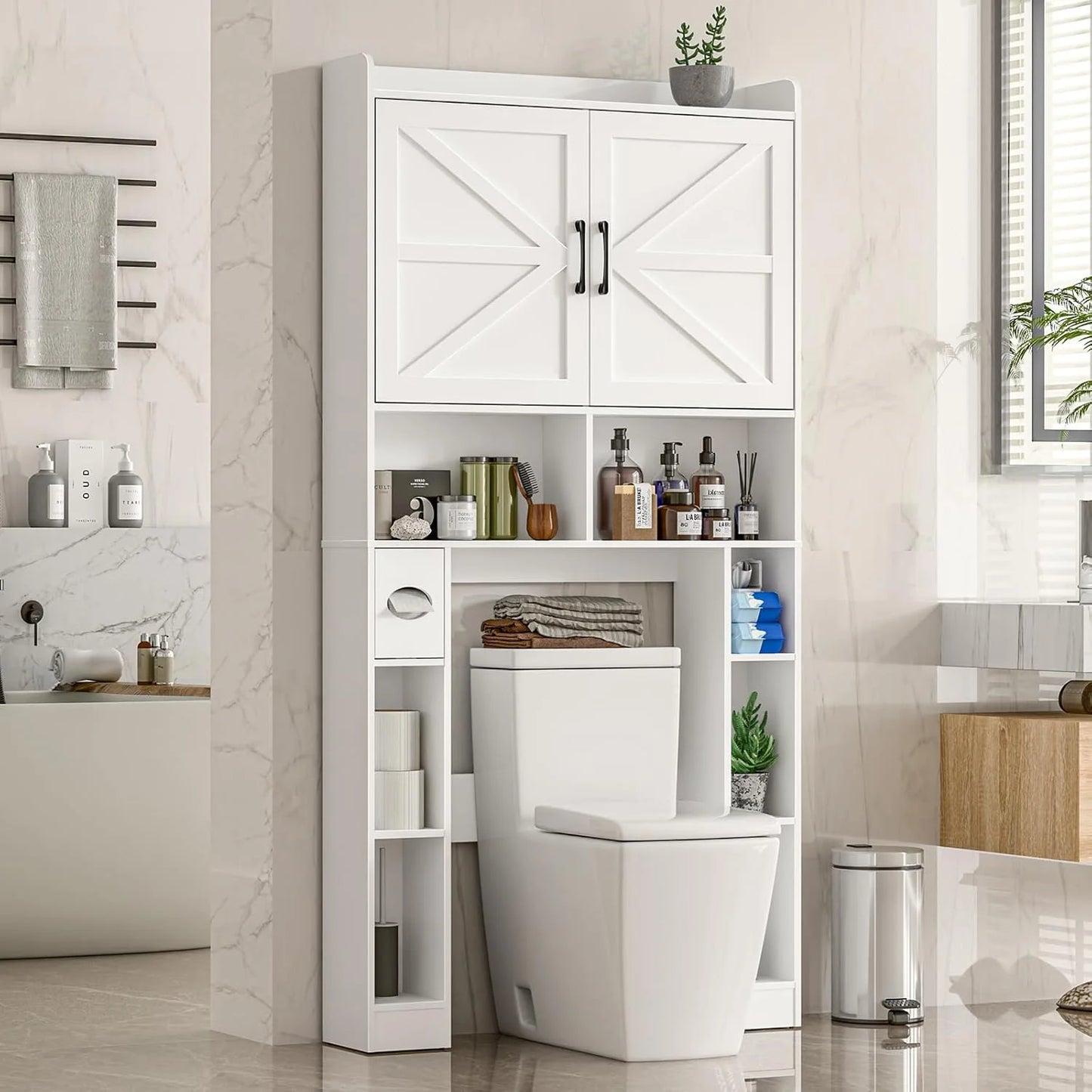 Vabches Over The Toilet Storage Cabinet with Toilet Paper Holder Stand, Above Toilet with Adjustable Shelf & 2 Doors
