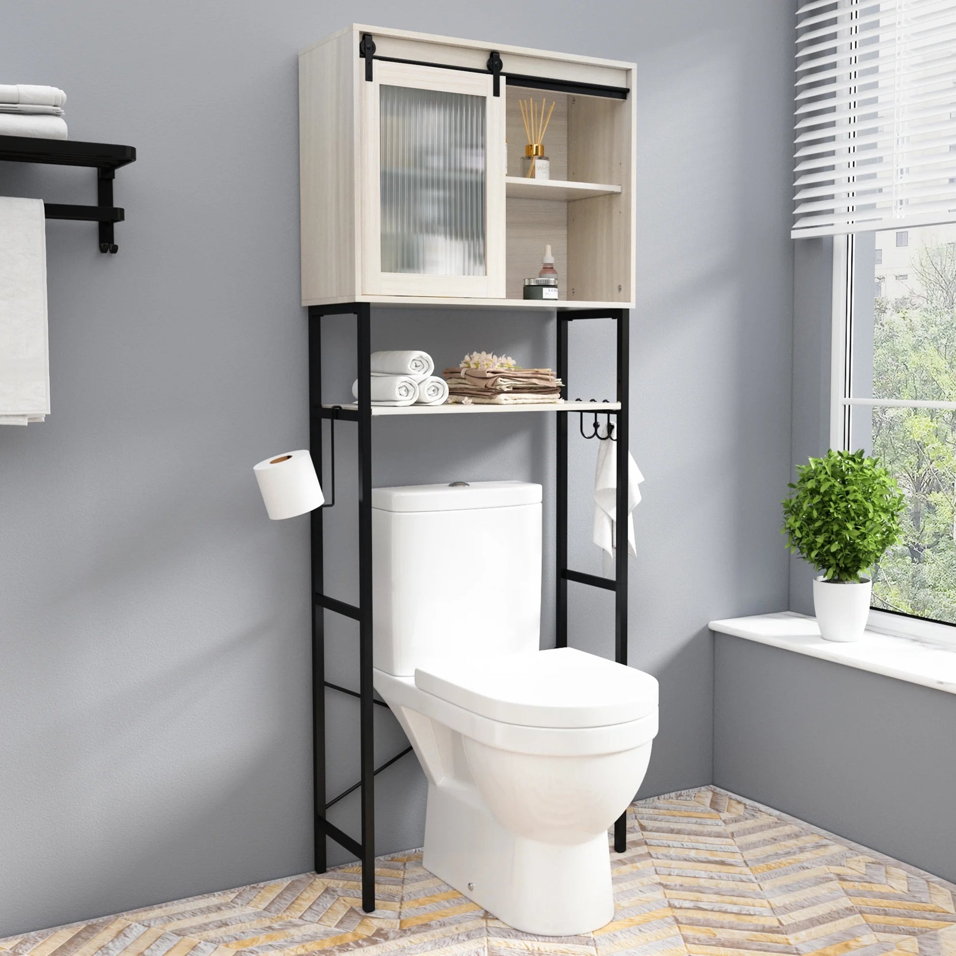 HLR Bathroom Storage Cabinet over Toilet with Sliding Door,Toilet Storage Iron Shelf, Wooden Cabinet
