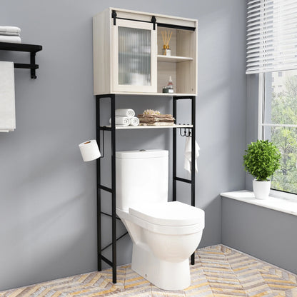 HLR Bathroom Storage Cabinet over Toilet with Sliding Door,Toilet Storage Iron Shelf, Wooden Cabinet