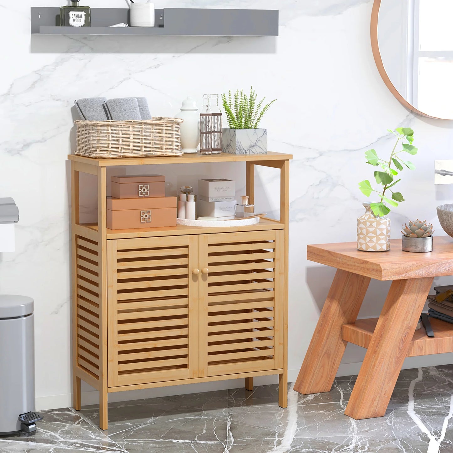 Gymax Bathroom Floor Cabinet Freestanding Bamboo Storage Organizer w/Double Shutter Doors