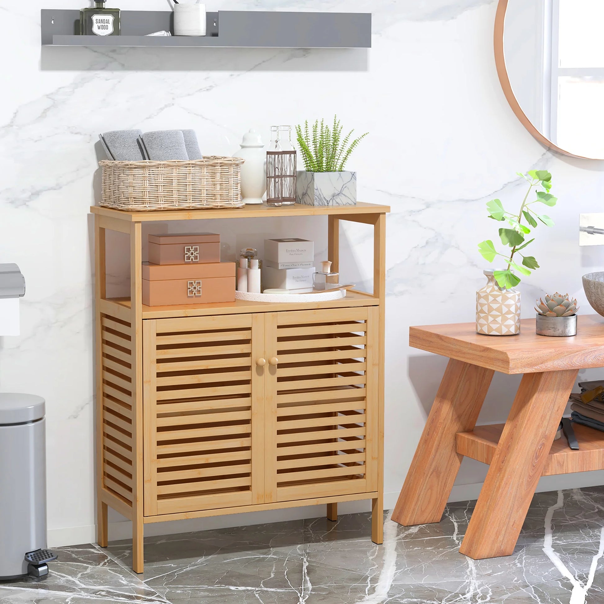 Gymax Bathroom Floor Cabinet Freestanding Bamboo Storage Organizer w/Double Shutter Doors