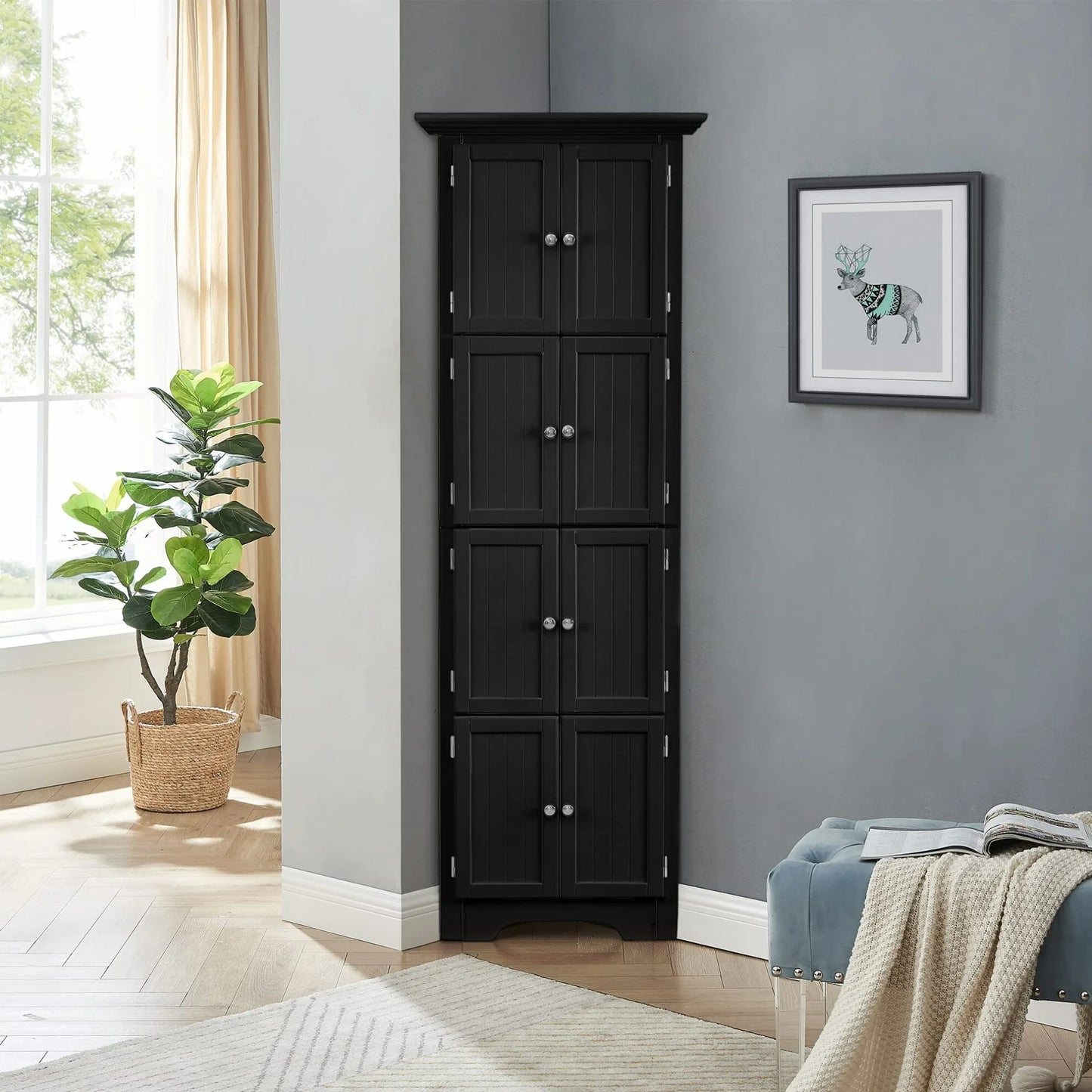 Freestanding Tall Storage Cabinet with 4 Doors and 4 Shelves, Large Bathroom Cabinet, Freestanding Kitchen Pantry Cabinet for Living Room, Kitchen, Dining Room, Office