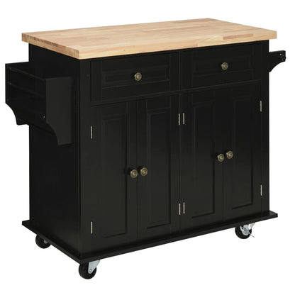 HomCom Rolling Kitchen Island Cart with Rubber Wood Top, Spice Rack, Towel Rack & Drawers