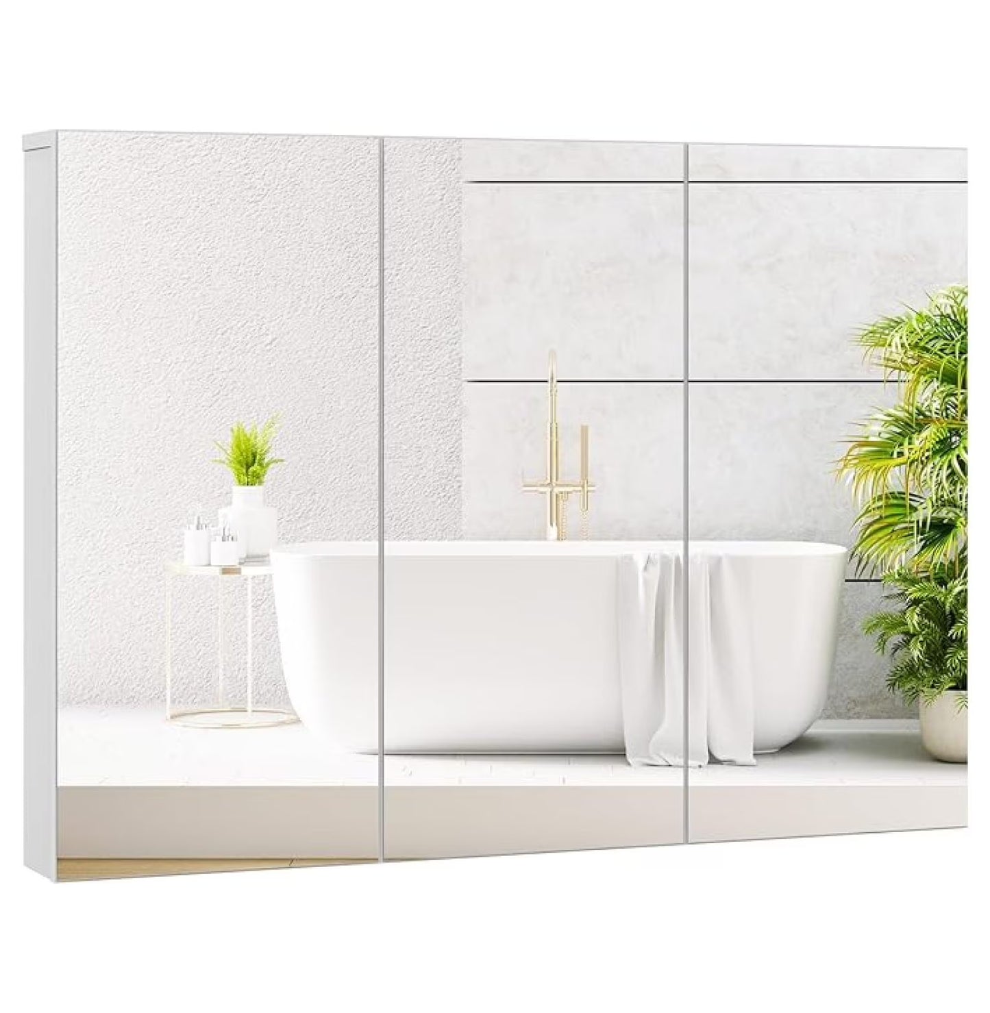 Mirrored Medicine Cabinet, Large Wide Wall Mounted Storage Cabinet with 3 Mirror Doors & Adjustable Shelf, Hanging Bathroom Organizer, White, 36 x 4.5 x 25.5 Inches