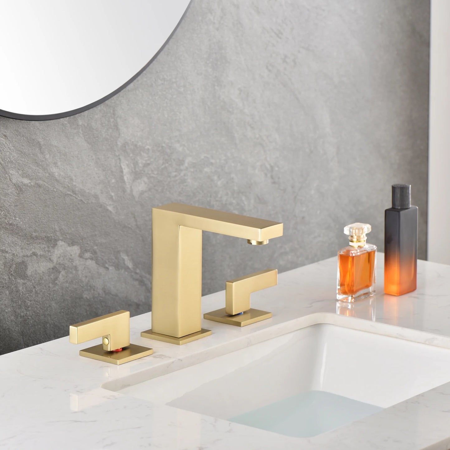 sumerain Brushed Gold 8 Inch Widespread Bathroom Faucet 2 Handle Lavatory Faucet Solid Brass, with Quick Connect Hose