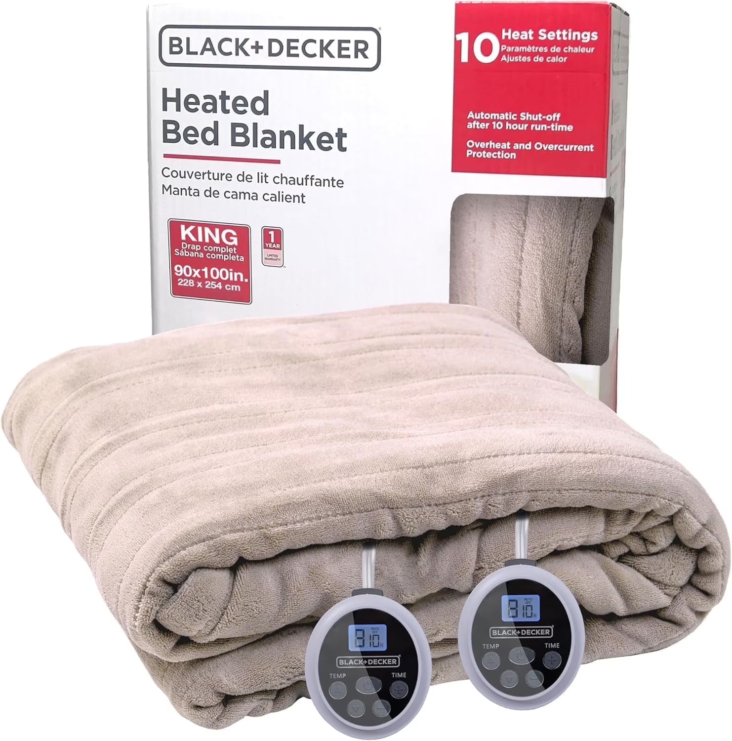 BLACK+DECKER Heated Blanket Electric King, 10 Heating Levels, 10H Timer, Auto Shutoff, Dual Zone Heating, 90x100 inches, Grey