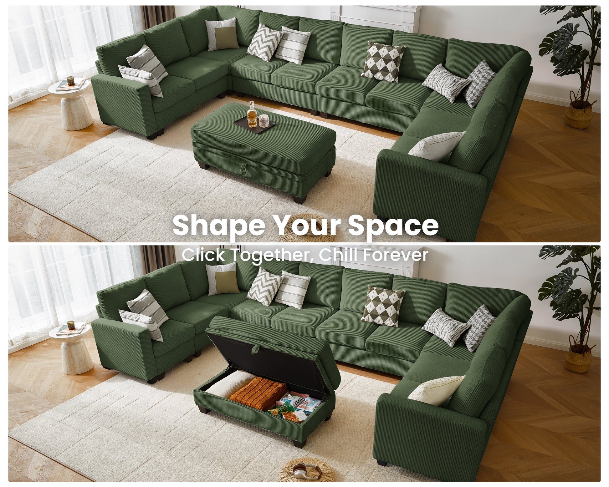 CHIC HOUSE 154.5" Sectional Sofa with Storage Ottoman Chaise, Corduroy U Shaped Sofa Convertible Sectional Couches for Living Room, 12 Seater Corner Modular Sofa with Deep Seat Throw Pillows, Green