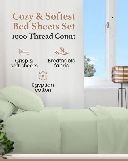Good Sleep Bedding 100% Egyptian Cotton Split King Sheets, Luxury 1000 Thread Count 5 Piece Sheets & Pillowcases Set - Sage