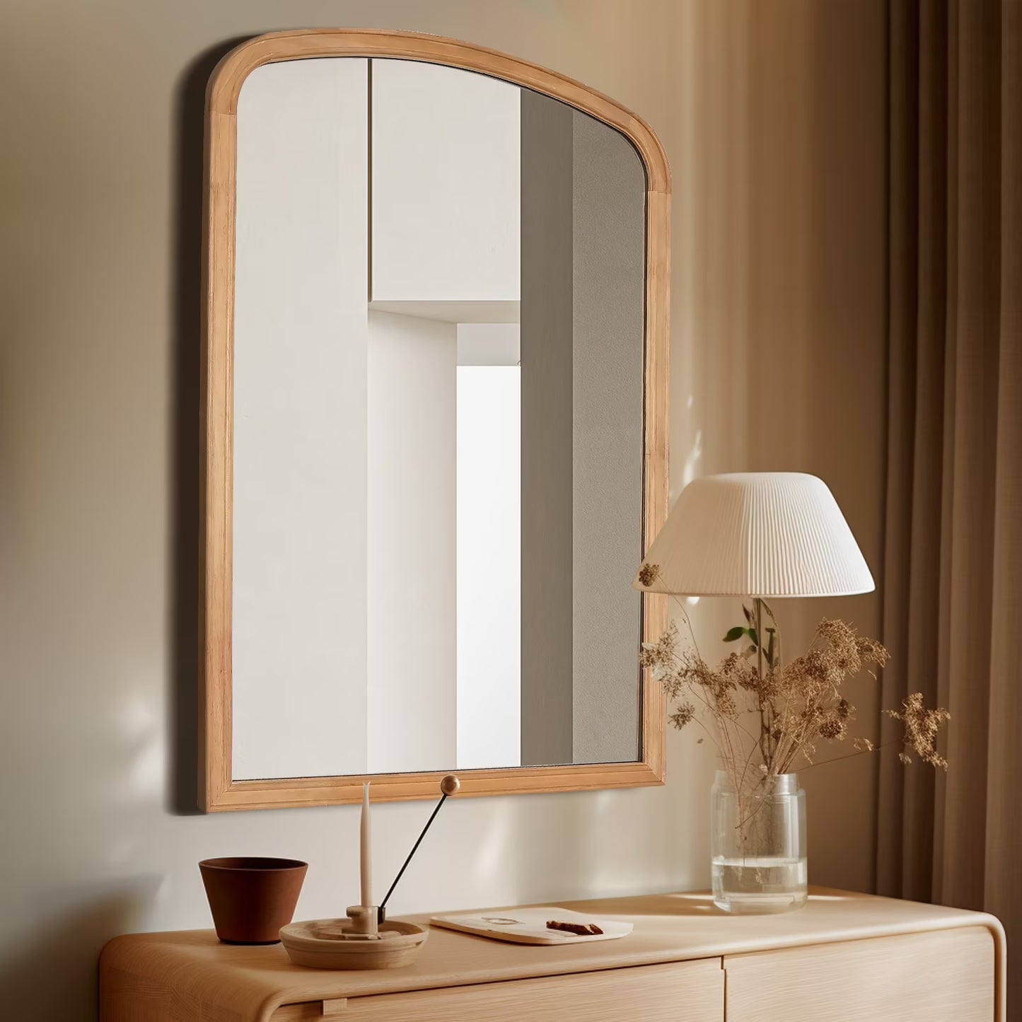 WallBeyond Wood Frame Rustic Arched Wall Mirror for Bathroom or Living Room Wall Decor, 24" 36", Natural Wood