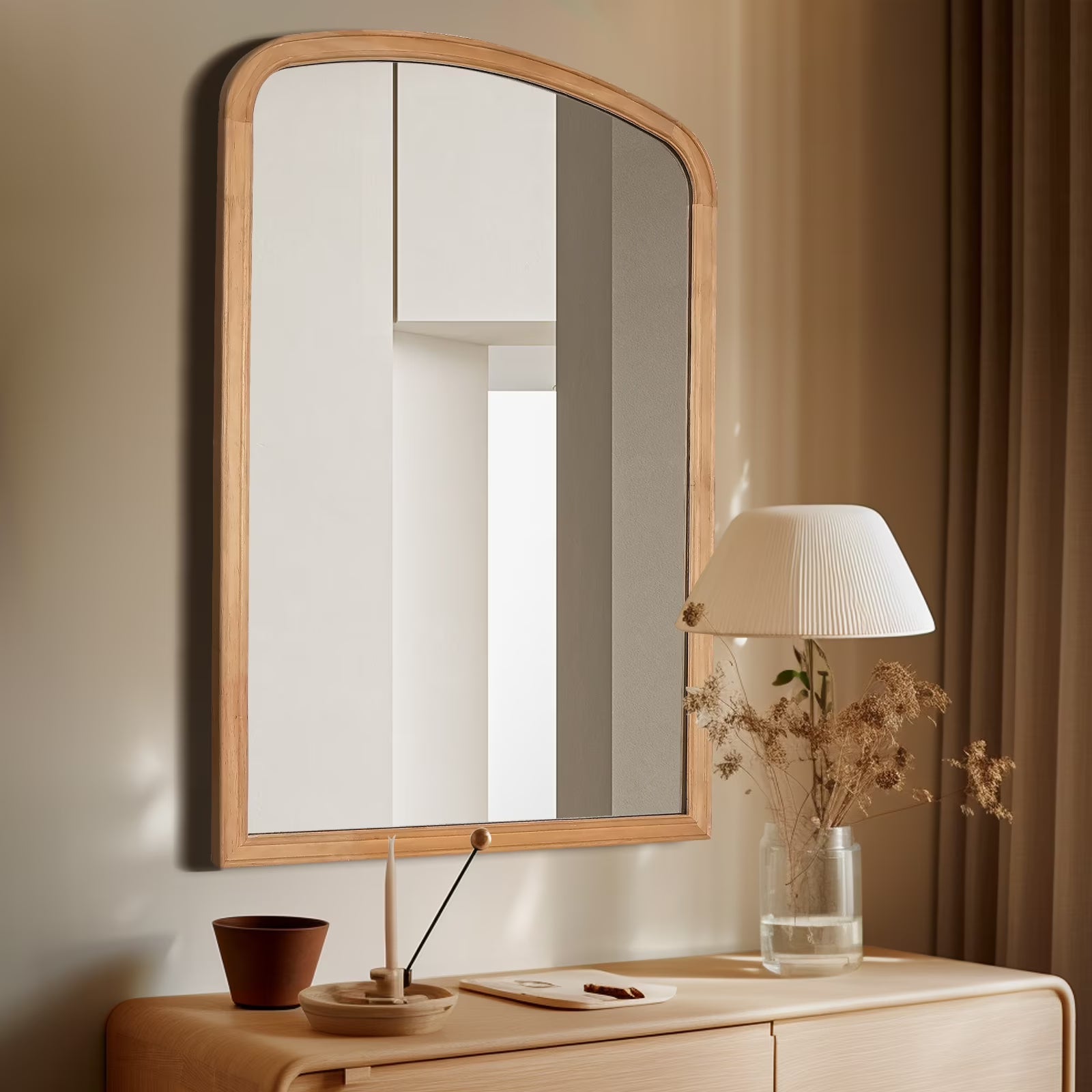 WallBeyond Wood Frame Rustic Arched Wall Mirror for Bathroom or Living Room Wall Decor, 24" 36", Natural Wood
