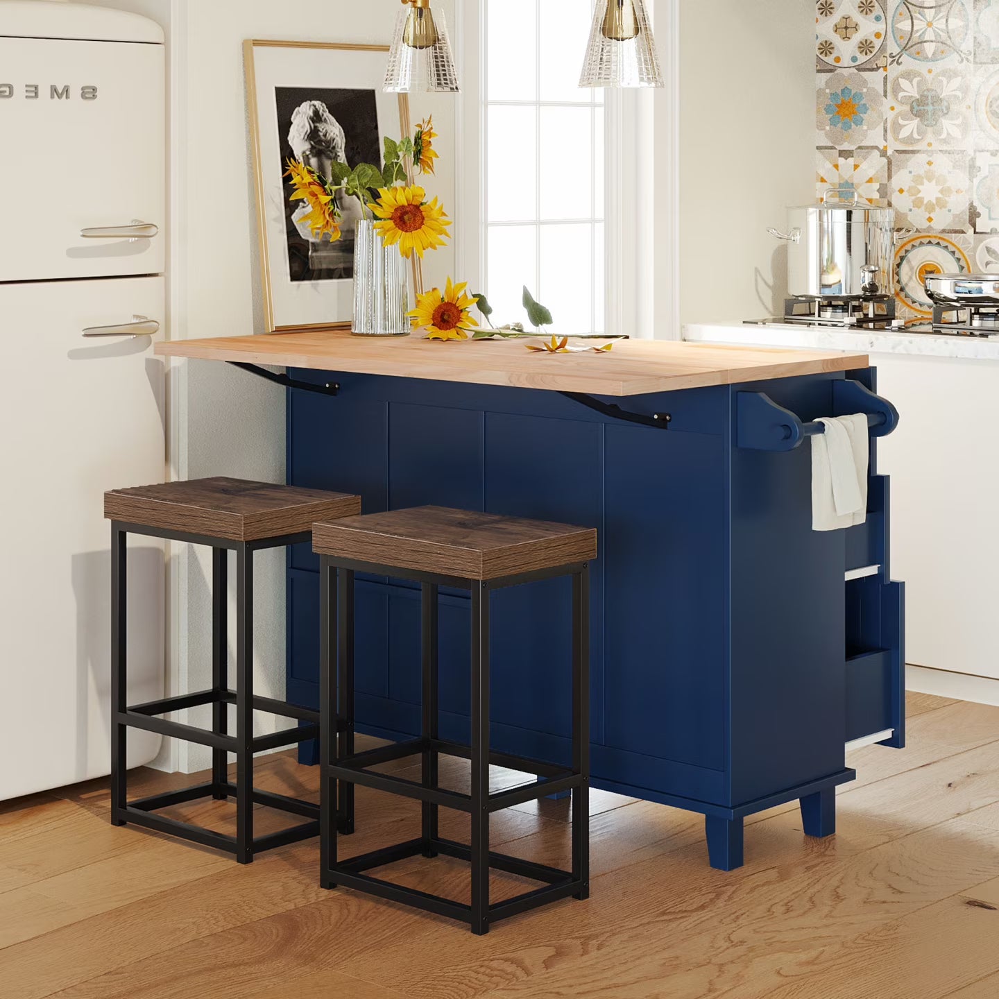 Kitchen Island with Storage, Portable Kitchen Island on Wheels with Drop-Leaf and 2 Stools, Built-in 4 Drawers and Towel Rack, Rolling Kitchen Island Cart for Home, Kitchen and Dining Room, White