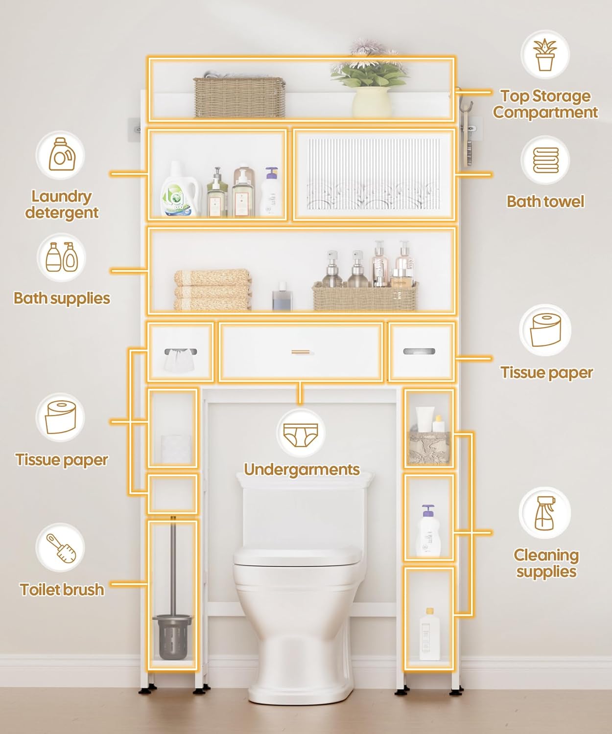 Over The Toilet Storage Cabinet with Acrylic Sliding Door Panel, Bamboo Organizer Shelf with 2 Paper Drawers and 1 Big Drawer,Space Saver Rack for Bathroom (White)