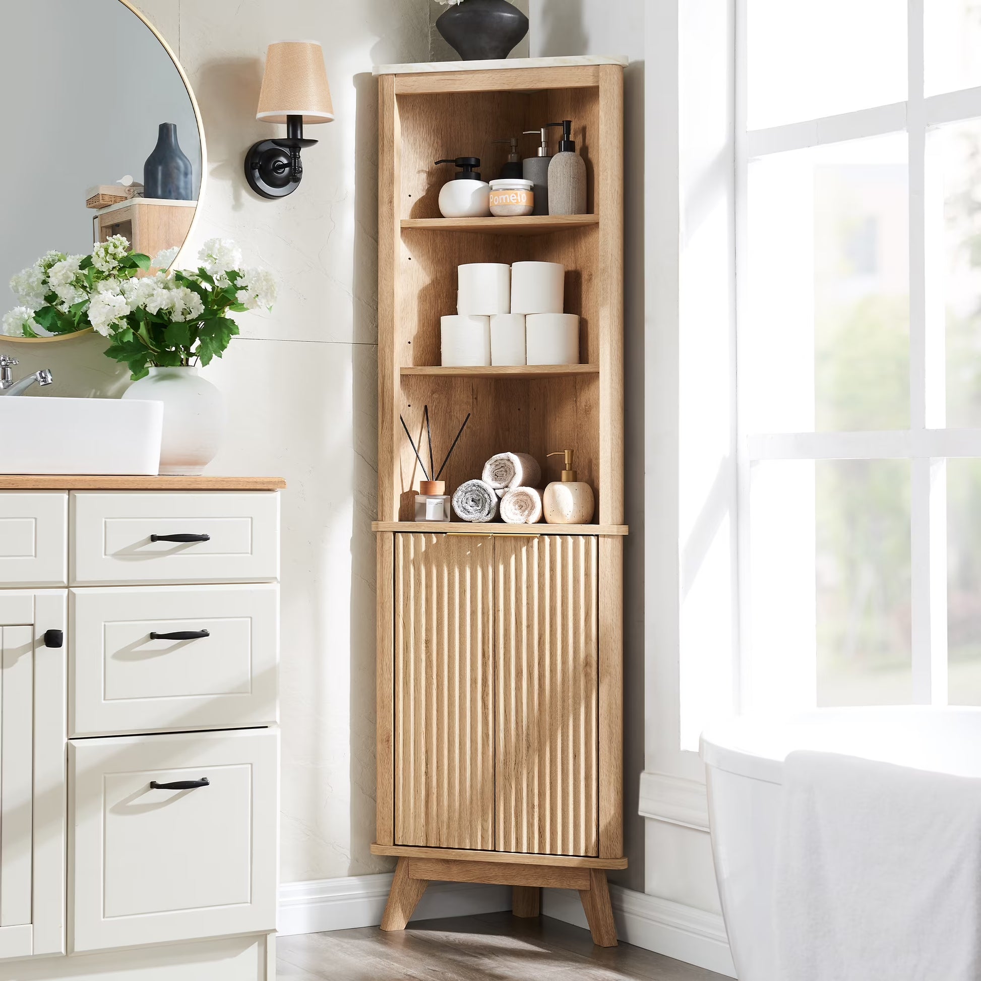OKD 68" Tall Corner Storage Cabinet with Faux Marble Top and Adjustable Shelves Modern Pantry Curved Profile Bookshelf for Bathroom Kitchen Living Room Dining Room, Off White