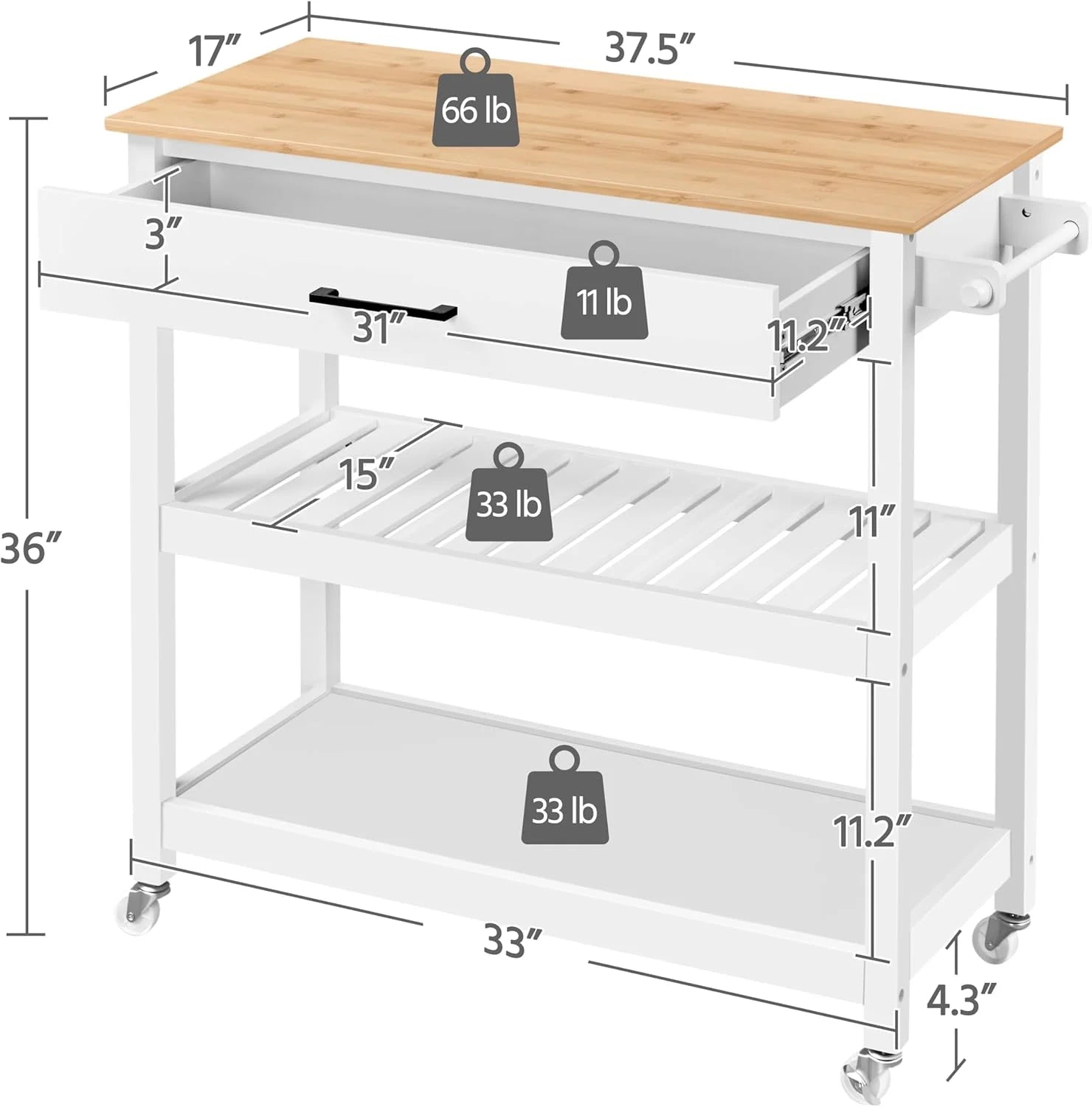 Hyxoo Kitchen Island Cart on Wheels with Bamboo Tabletop, 3-Tier Rolling Kitchen Island Microwave Cart with Drawer, Detachable Towel, 3 Hooks40"W x 20"D x 36.5"HEspresso