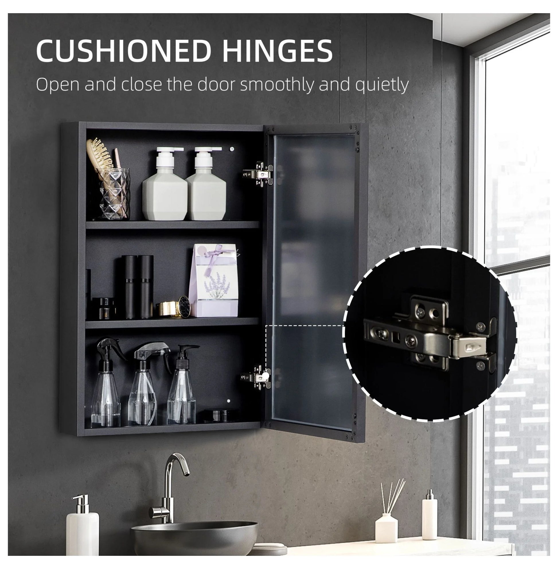 Compact Wall Cabinet, Black Single Door Medicine Cabinet with Mirror & Shelves for Bathroom or Home