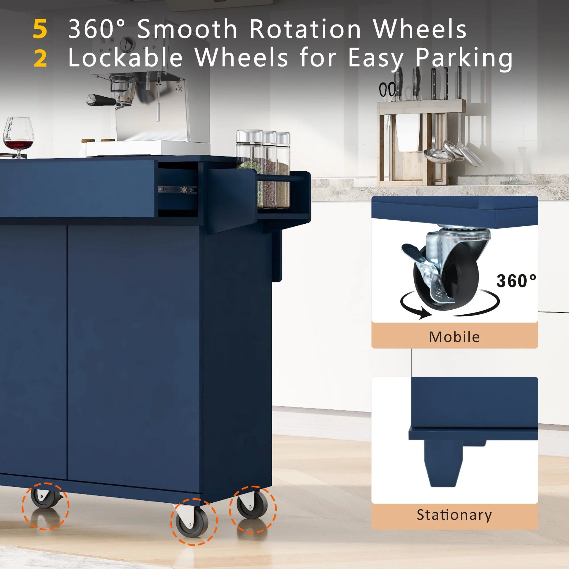 53.2'' Kitchen Island with Drop Leaf, Kitchen Storage Cart with Spice Rack, Towel Rack and 2 Drawers, Rolling Kitchen Island on Wheels with Adjustable Shelves, Navy Blue