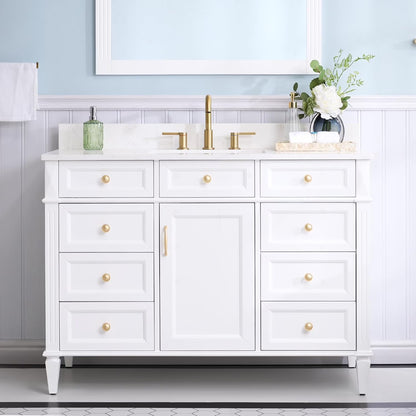 FORCLOVER 36" Bathroom Vanity with Sink Top Combo Set, Freestanding Solid Wood Bathroom Makeup Cabinet W/1 Soft-Close Door and 3 Soft-Close Drawers, Carrara White Quartz Countertop, Grey