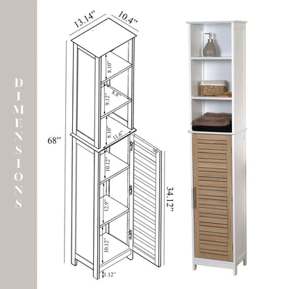 Tall Bathroom Storage Cabinet with Open Shelves and Vented Door, Slim Linen Cabinet for Compact Bathroom Organization, White and Oak Finish - Stockholm Collection