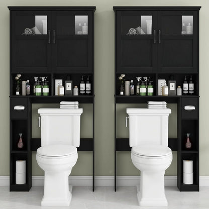 Over The Toilet Storage Cabinet, Storage Cabinet Over Toilet with Double Doors & Toilet Paper Holder Stand, Freestanding Toilet Shelf Space Saver with Anti-Tip Design & Adjustable Shelf, Black