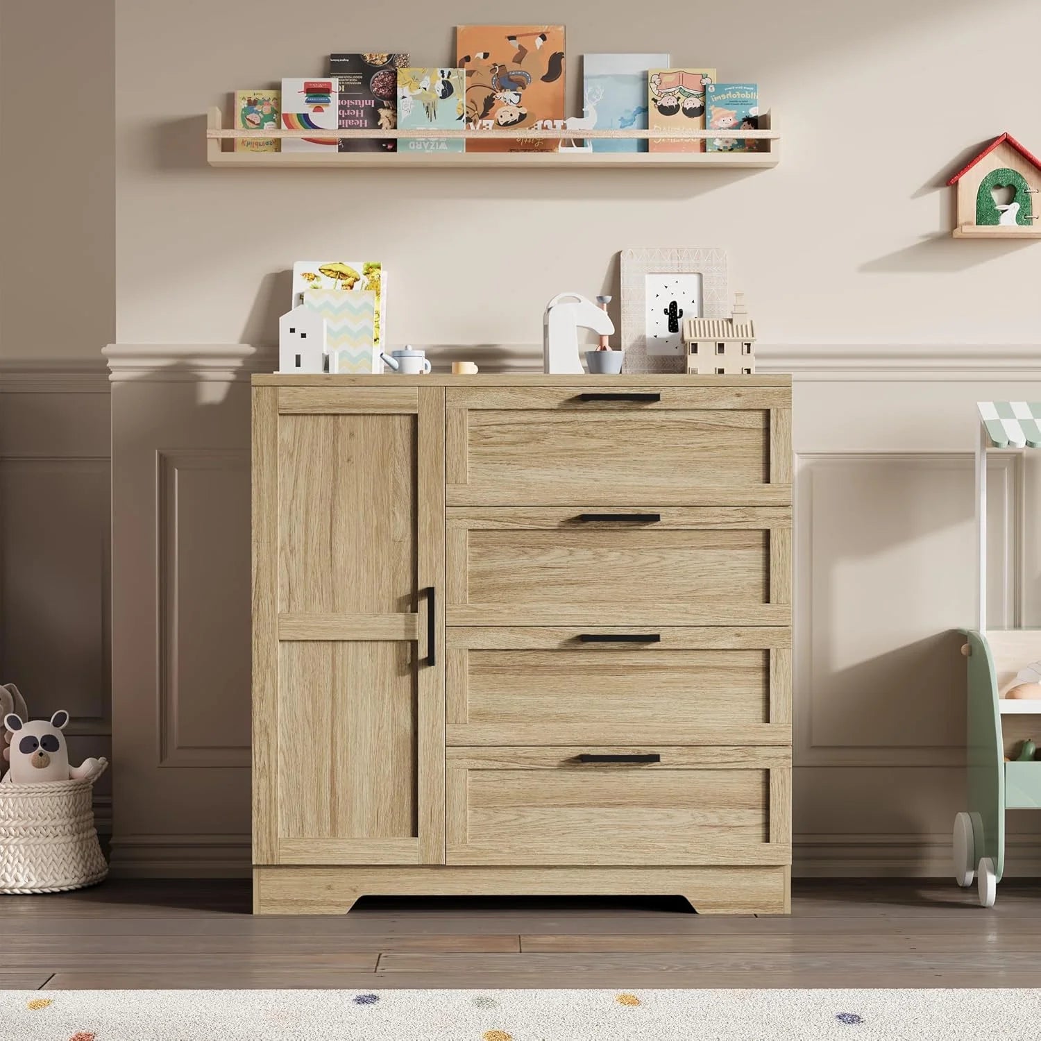 43.3'' Small Wardrobe Closet, Wardrobe Cabinet with Door, 4 Drawers and Handing Rod, Wooden Clothes Cabinet 4 Drawer Dresser for Bedroom, Laundry Room, Cloak Room, Natural Oak